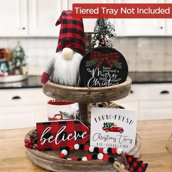 New Believe Merry Christmas Wooden Signs & Buffalo Plaid Gnomes Plush Set Decor - Picture 2 of 6